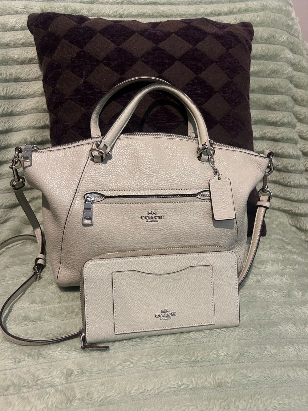 Coach Pebbled Leather Prairie Satchel + Matching Wallet Set | Sage Green